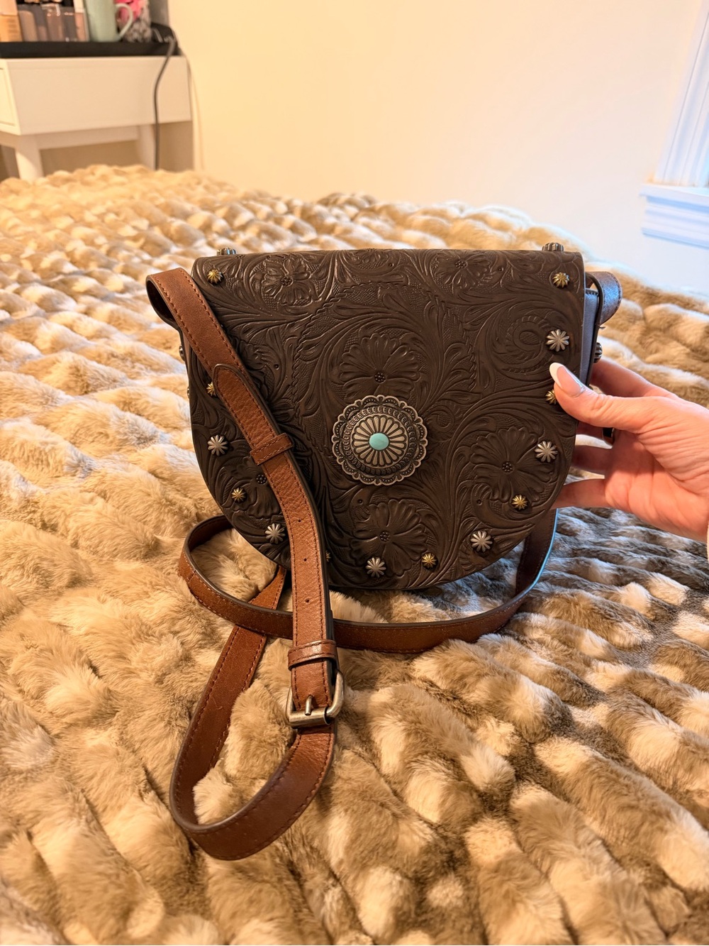 Shyanne Brown Tooled Leather Crossbody with Turquoise Concho